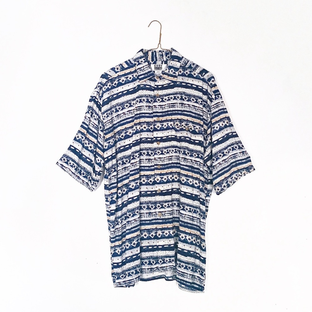 90s rayon button down - mens medium - blue gray tan white abstract print